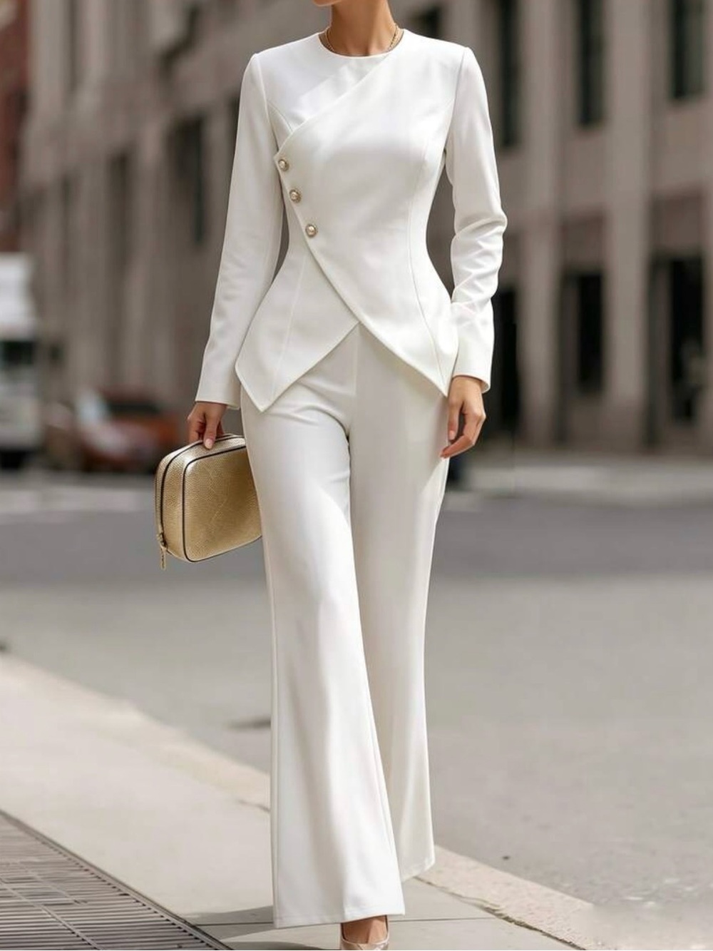 Women's White Wide-Leg Tailored Jumpsuit with Asymmetrical Blazer